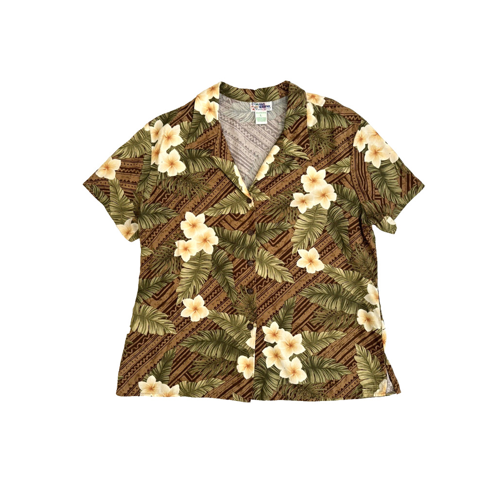 Reyn Spooner Blouse L Brown Green Yellow Floral Rayon Button Front Vintage 90's